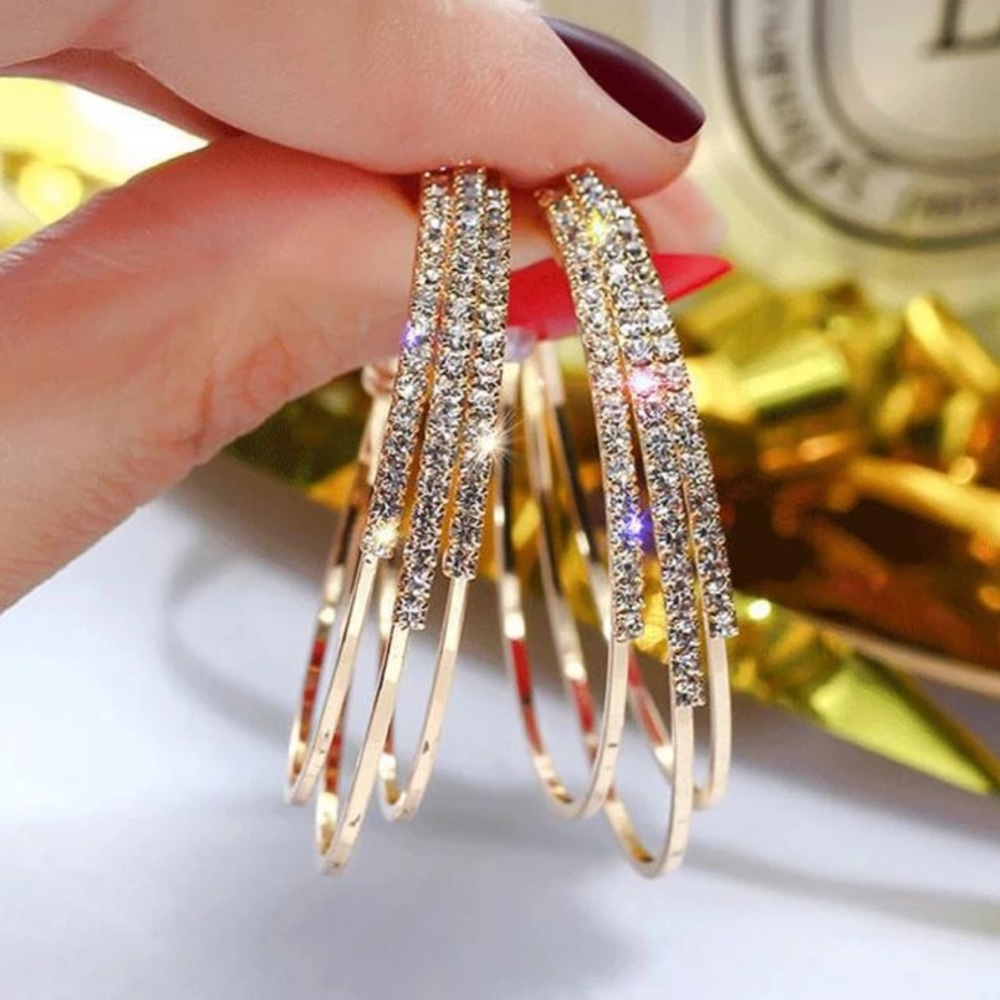 NEW Shiny Gold Circle Diamond Hoop Earrings